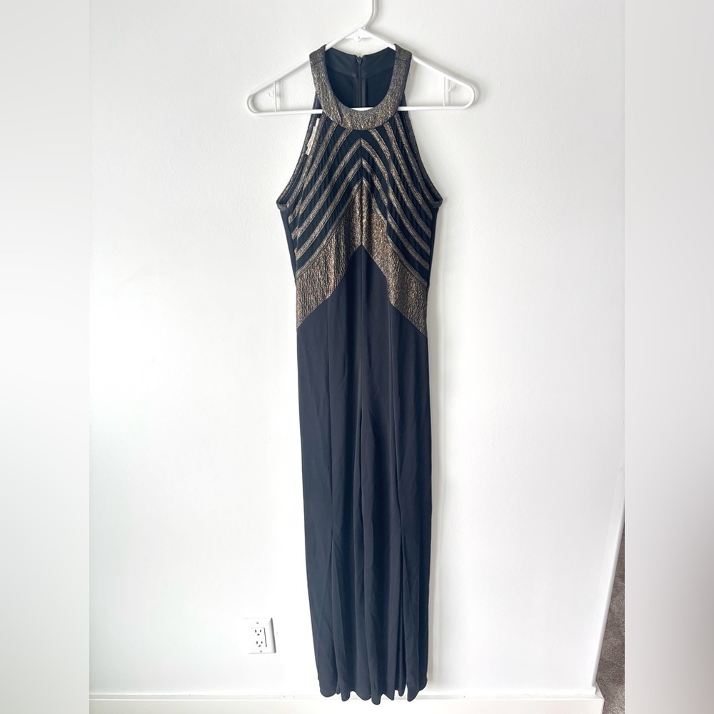 Joseph Ribkoff Couture Black Gold Metallic Formal Jumpsuit Halter Neck Wide Leg
